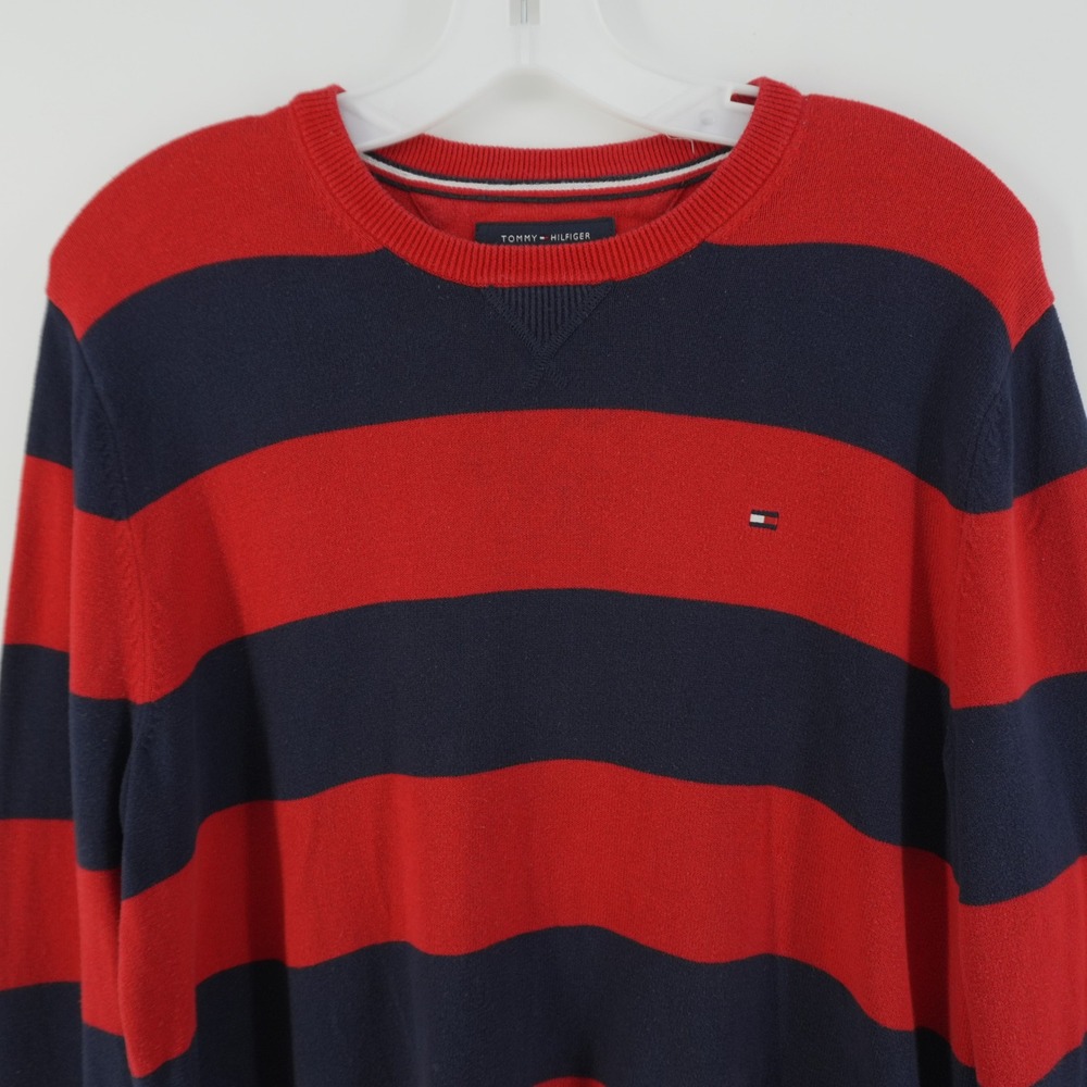Tommy Hilfiger Sweater Mens M Red Navy Blue Striped Crewneck LS Layers Rugby